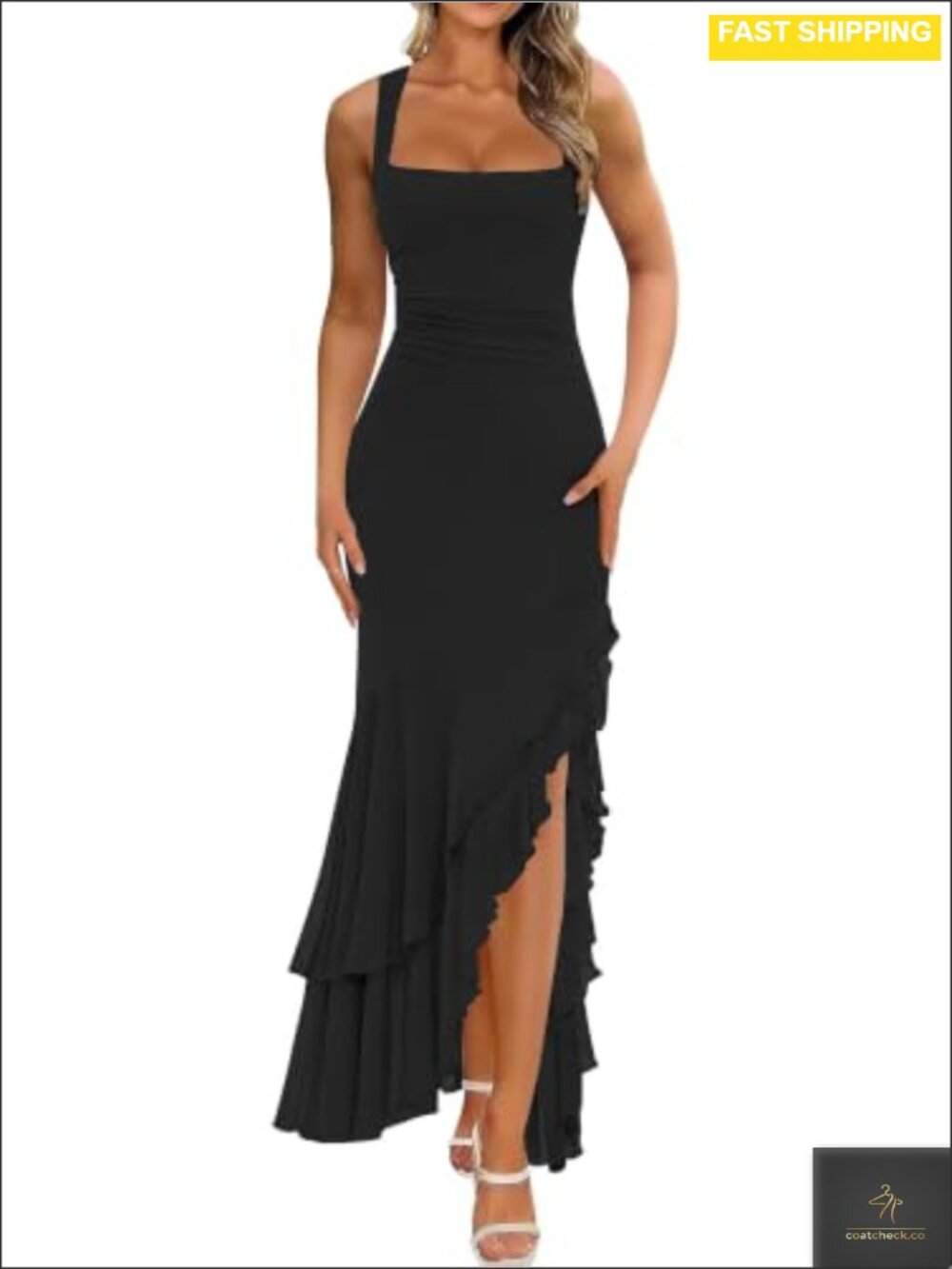 Elegant Ruched Bodycon Maxi Dress Square Neck High Slit Cocktail